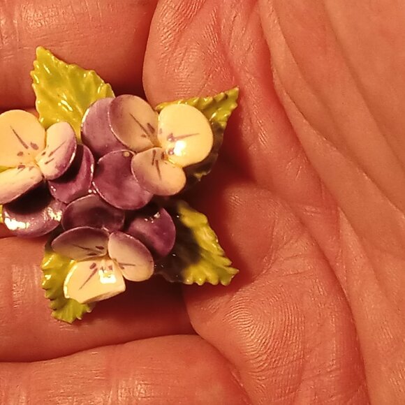 Vintage Coalport Brooch Floral Purple Green Porcelain Pin Fine Bone China - Picture 9 of 16